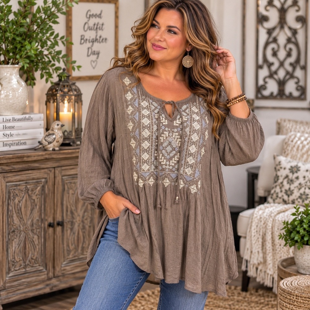 Dressbarn Women 2X Embroidered Beaded Peasant Blouse Taupe Brown Boho Top 317